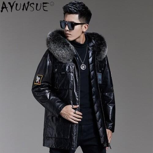 AYUNSUE 2021 Winter 100% Genuine Cow Leather Jacket Men Hooded Real Fox Fur Collar Coats Male Rabbit Fur Liner Chaquetas Gxy264