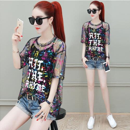 Summer Clothes 2021 Fashion Printing Bright Silk See-through Short-sleeve Mesh T-shirt Plus Strap Vest Women Top Tee S-4xl Y741
