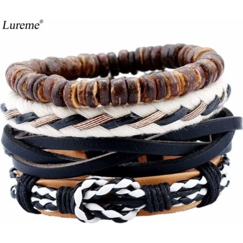 Lureme Vintage Jewelry PU Leather Wood Beads Weave Bracelets Bangles Set (bl003149)
