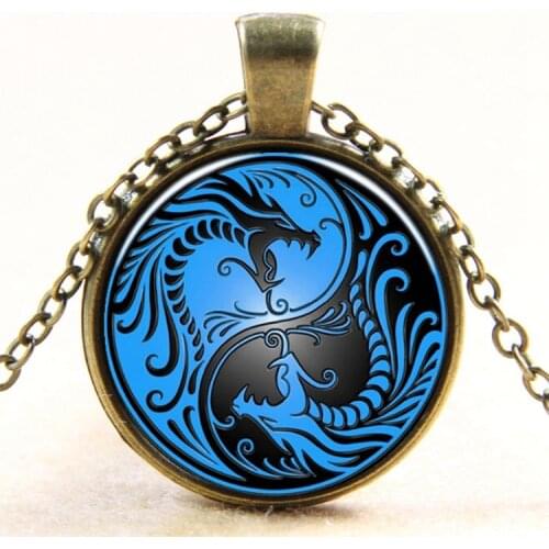 Fashion new vintage European style blue dragon phoenix yin yang Tai chi handmade art photo glass cabochon necklace for women