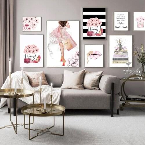 Fashion Poster Perfume Bottle Canvas Art Prints Peony Flower Wall Painting Watercolor Lips Pictures Modern Vogue Girl Room Decor