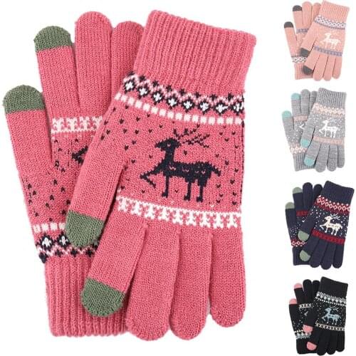 Men Women Full Finger Touch Screen Elk Knitted Thick Plush Warm Christmas Gloves