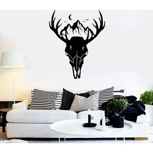 Deer Head Wall Decal Animal Mountain Moon Hunting Horns Vinyl Window Glass Stickers Bedroom Living Room Studio Art Mural S1411