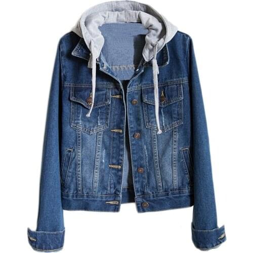 Spring and Autumn New Korean Denim Jacket Womens Short Slim Thin Casual Hooded Long Sleeve Large Size Jacket (Cap Detachable)