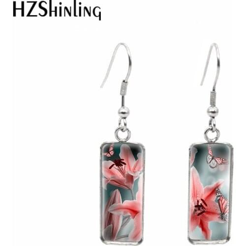 2020 New Flower Pink Lily Butterfly Earring Red Lily Rectangular Earring Handmade Hook Earrings Glass Photo Jewelry