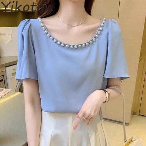 Solid Simplee Chiffon Shirt Kawaii Women Blouses and Shirts Summer 2021 Korean Fashion Soft Blue Cute Tops Casual Ladies Chic