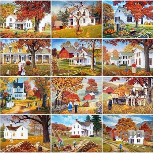 Autumn DIY 5D Diamond Painting Landscape House Cross Stitch Embroidery Rhinestones Art Full Round&Square Drill Home Decoration