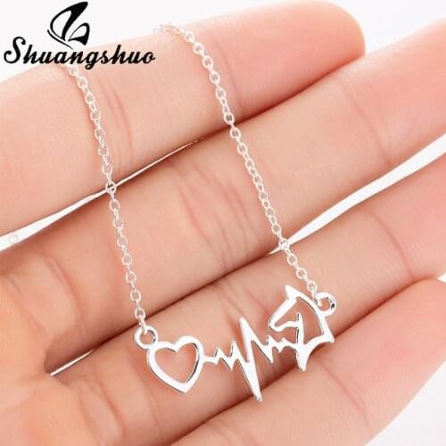 Shuangshuo Simple Electrocardiogram ECG Horse Head Pendant Necklaces for Women Animal Heart Heartbeat Necklace Chocker Jewelry