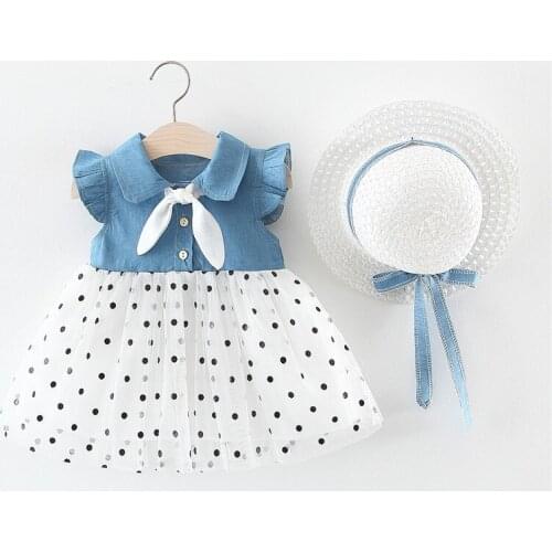 New Baby Girls Dress Summer 2pcs Set Denim Tulle Sweet Dot Bow Princess Dresses+hat Korean-Style Children Stitching Girl Dress
