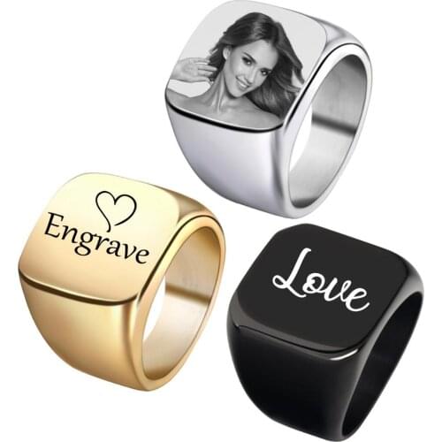 Custom Engrave Signet Ring Stainless Steel Personalized Name Photo Square Wedding Band Rings For Men Anniversary Gift SL-105