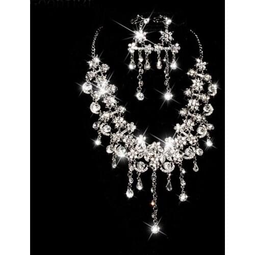 Luxury Crystal Bridal Jewelry Sets For Women Wedding Jewelry Silver Color Tassel Statement Necklace Earrings Wedding Accessories