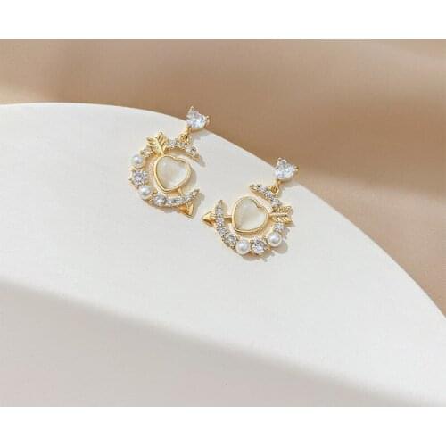 925 Silver Needle Korean Opal Ear Studs Retro Hong Kong Style Heart-shaped Net Red Earrings
