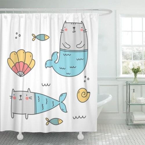 Blue Tale Cat Mermaid Cute Doodle Fairy Animal Beautiful Shower Curtain Waterproof Polyester Fabric 72 x 78 Inches Set with Hook