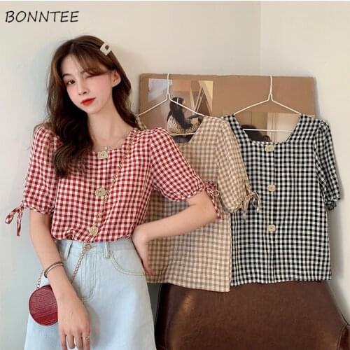 Plaid Shirts Women Lantern Sleeve Fashion Slim 2021 New Summer Single Breasted Ulzzang Tops Female Casual Streetwear All-match