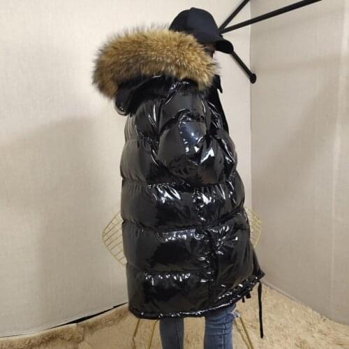 White Duck Down Jacket Women Winter Thicken Warm Natural Raccoon Fur Collar Hooded Coats Female Bright Leather Parka Outerwear