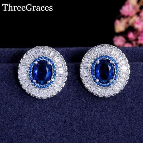 ThreeGraces 4 Color Options Oval Shaped Luxury Royal Blue Austrian Crystal Big Oval Fashion Stud Earrings For Women ER259