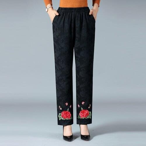 Large Size Casual Warm Cotton-padded Trousers For Women 2021 Winter Loose Elastic Waist Pants Vintage Embroidery Straight Pants