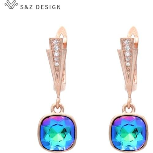 S&Z DESIGN South Korean Fashion Trendy Colorful Square Crystal Dangle Earrings 585 Rose Gold For Women Wedding Party Jewelry