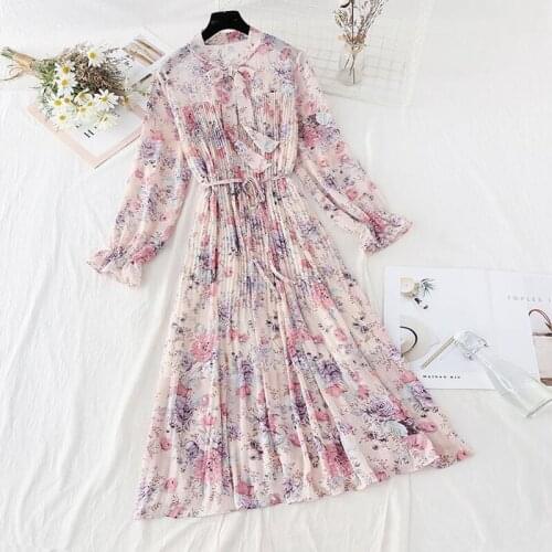 Elegant Dress Women Floral Print Long Sleeve Pleated Party Dress Office Lady O-Neck Loose Midi Dress 2021 Spring Clothing