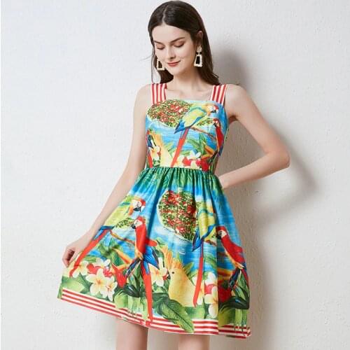 Women Striped Contrast Parrot Printed Summer Dress Runway Spaghetti Strap Square Collar High Waist Beach Short Dress N7388