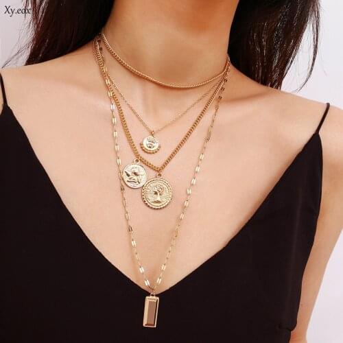 Retro coin circle creative embossed necklace jewelry female simple multi-layer geometry wild necklace