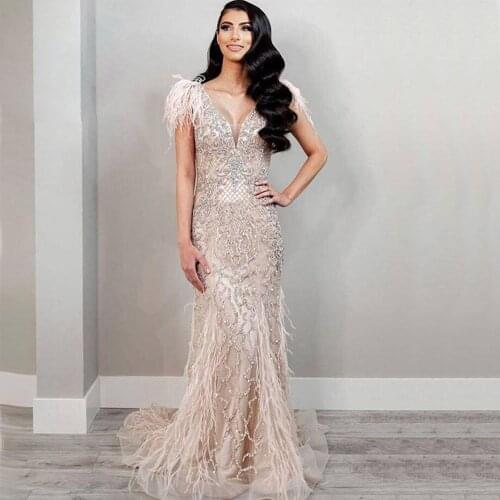 Luxury 2020 Khaki Feathers Mermaid Evening Dresses V-Neck Diamond Evening Gowns Sleeveless Formal Women DubaiDress