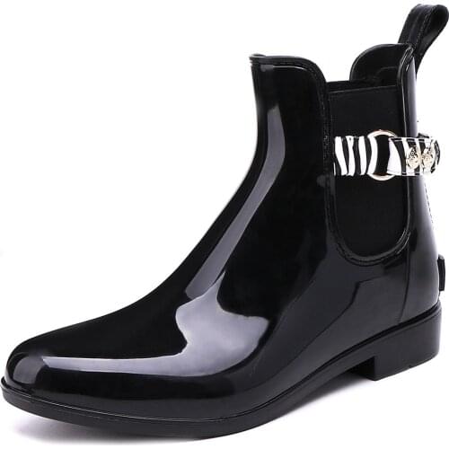 209-560 TONGPU Womens Ankle High Glossy Surface Zebra PU Belt and Ring Waterproof Outdoor Rain Boots