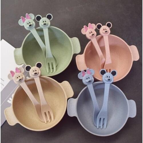 3Pcs/Set Baby Food Feeding Tableware Set Wheat Straw Eco-Friendly Bowl 2pcs Cartoon Cute Spoon Fork Infant Dinnerware NEW TY0408