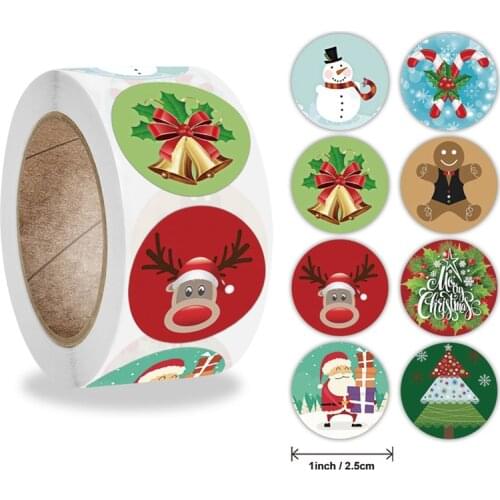 500pcs/roll Round 8 Designs Merry Christmas Stationery Stickers Seal Labels For Envelope Cards Gift Package Scrapbooking Decor