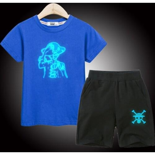 Aimi Lakana Kid Short Sleeve Outfit Luffy Luminous T-shirt Thin Cotton Shorts Boys 2pcs Set Child Anime Costumes