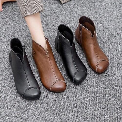 Vintage Style Leather Women Boots Flat Booties Soft Cowhide Womens Shoes Front Zip Ankle Boots zapatos mujer boots women56gh