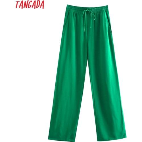 Tangada Fashion Women Green Casual Long Pants Trousers Vintage Style High Street Lady Pants Pantalon 5Z68