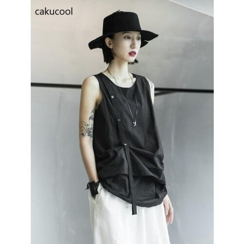 Cakucool Casual Loose Vest Summer Sleeveless Top Ladies T-shirt Black Comfortable Lightweight Cotton Pleated Top 2020