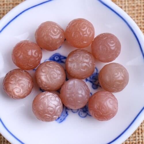 One PIECE pink sunstone round carved 12-15mm for DIY jewelry making loose beads FPPJ wholesale beads nature gem stone