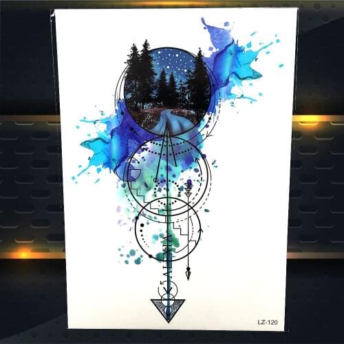Geometry Art Temporary Tattoo Sticker Women Blue Watercolor Geometric Arrows Totem Men Waterproof Tattoo Circular Pine Tree Road