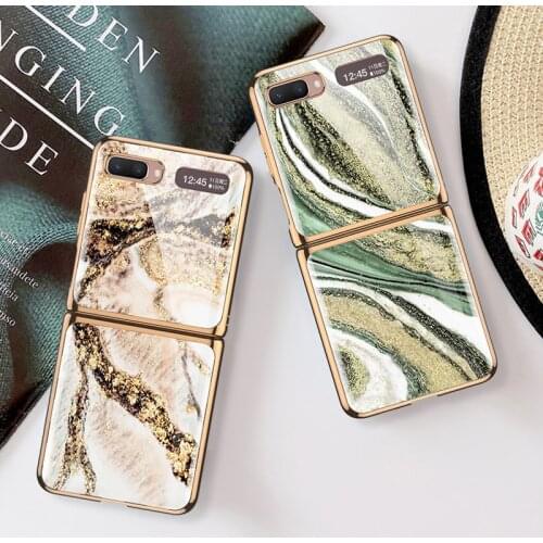 Plating Tempered Glass Marble Hard Case For Samsung Galaxy Z Flip 4G 5G Folding Luxury Retro Marbling Full Protection Cover