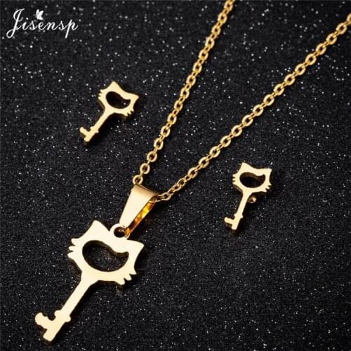 Jisensp Lovely Design Unique Fashion Cat Key Stainless Steel Jewelry Sets Cute Cartoon Kitty Cat Necklace Earrings for Women