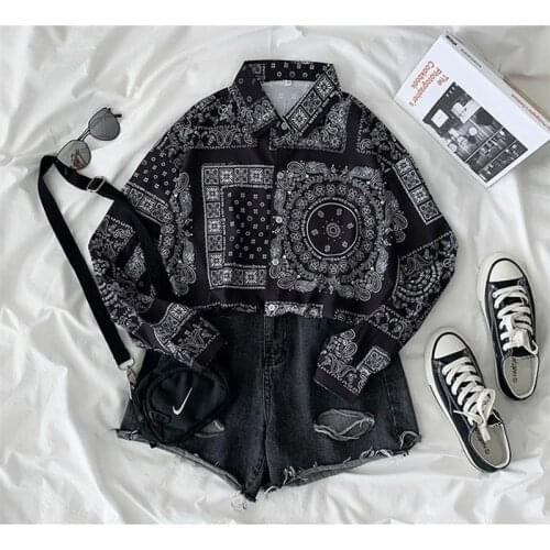 Summer Hong Kong Style Retro Cashew Flower Print Long Sleeved Shirt Women Loose Non Mainstream Hip Hop Couples Casual Jacket Top