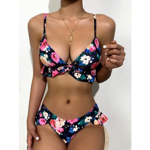 Newest 2 Pcs Women Sexy Bathing Suits Adults Flower Print Spaghetti Strap Ruffle Padded Bikini Tops+Swimming Bottoms