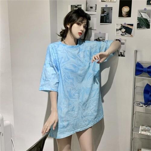 Summer loose hedging blue tie-dye short-sleeved T-shirt all-match casual college wind jacket women
