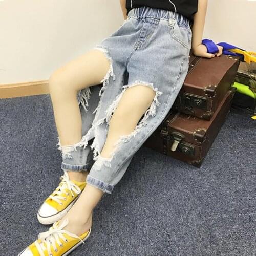 Fashion teens Girls hole jeans denim pants 2020 summer blue loose Elastic Waist jeans for 4-15Y children kids girls clothes