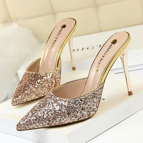 Star Style Fashion Sequined Cloth Party Shoes 2019 New Show Thin Women Pumps Pointed Toe Shallow High Heels Shoes Women Slipper