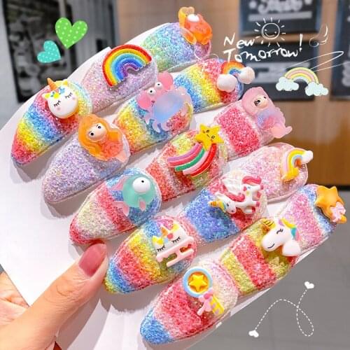 5Pcs/Set Fashion Rainbow Unicorn Hair Clip Snap Button Hair Pins for Women Barrette Stick Bangs Ponytail Holder Headdress