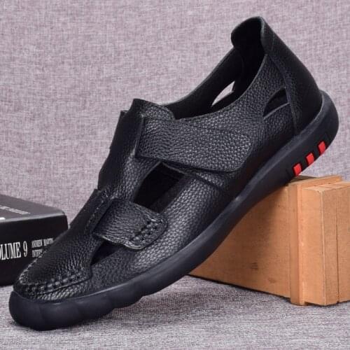 Vintage Mens Genuine Leather Shoes2019 Summer New Hollowed-out Ventilate Sandals Hook Loop Beach Shoes