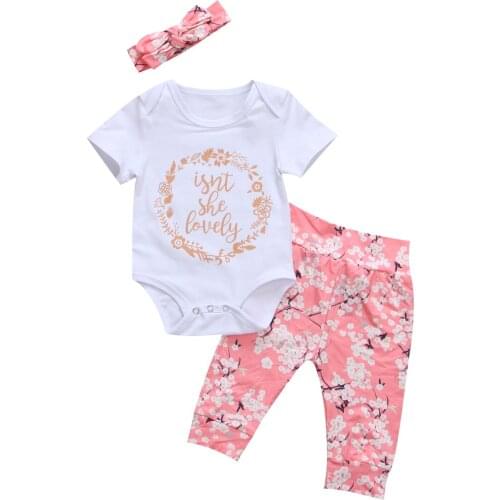 Newborn Infant Baby Girl Short Sleeve Letter Bodysuit Jumpsuit+Floral Pants Tousers+Headband 3pcs/Set Outfit Clothes Set 0-24M