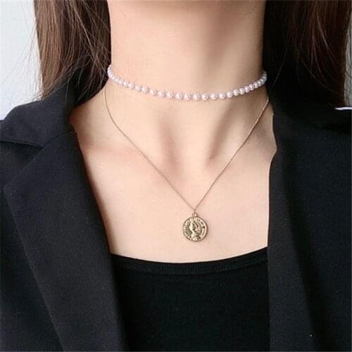 Fashion Geometric Heart Portrait Cross Pendant Necklace Retro temperament Bohemia pearl double chain clavicle Necklace Women