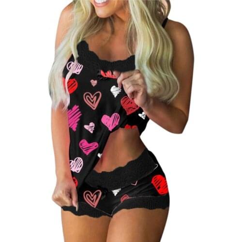 Heart Print Womens Pajamas Set V-Neck Stretch Satin Babydoll Lace Sexy Lingerie Sleepwear Pajamas Home Wear Night Wear Lady