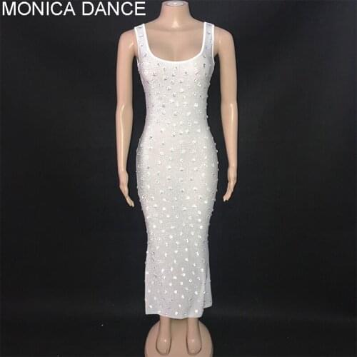 Sexy Silver Stones White Sleeveless Long Dress Evening Birthday Celebrate Stretch Outfit Dance Skinny Singer Performance Dress