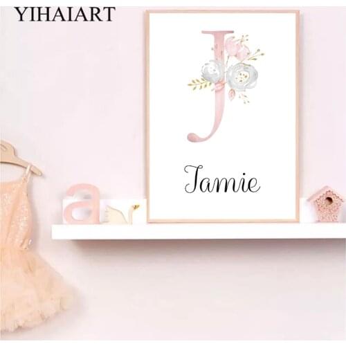 Custom Name Poster Pink Rose Canvas Personal Print Princess Baby Nursery Wall Art Painting Nordic Kids Girl Bedroom Decoration