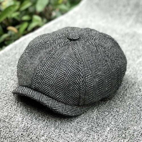 PEIKONG tartan hat mens hat mens hat vintage wool octagon mens warm winter painters hat grey English hat and hat